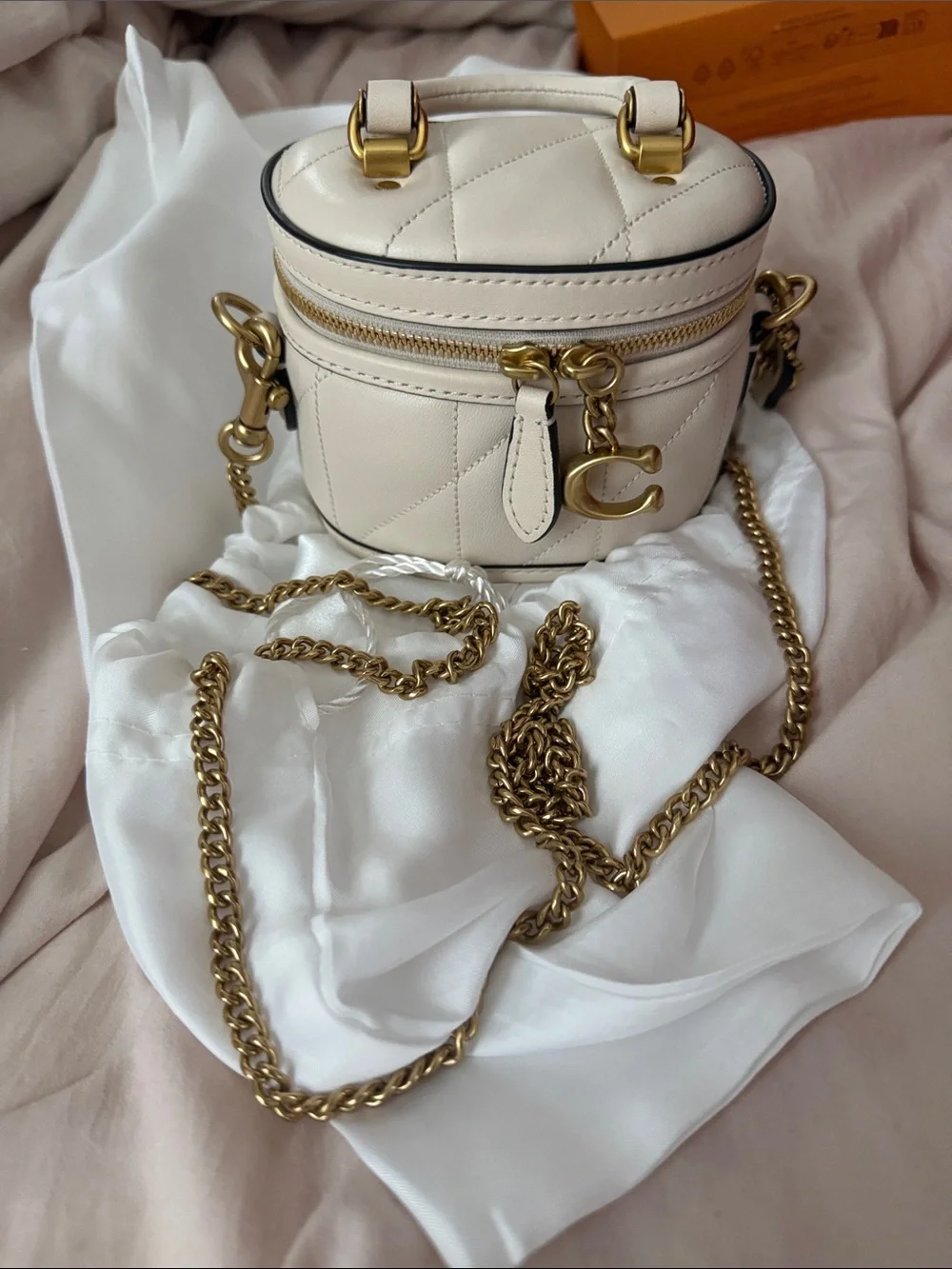 Coach Cream Quilted Leather Crossbody Bag with Gold Chain